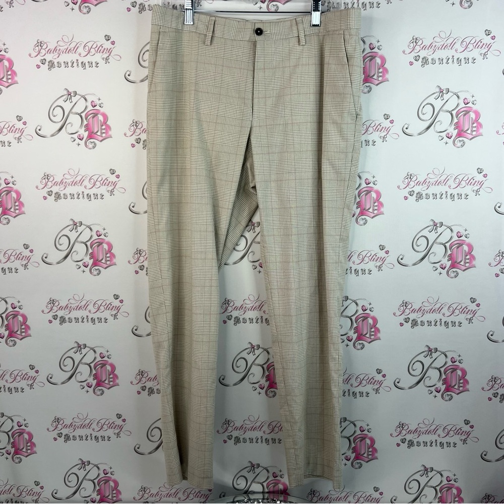 Zara pants trousers plaid beige black pink stripes Light Tan Plaid Dress Pants